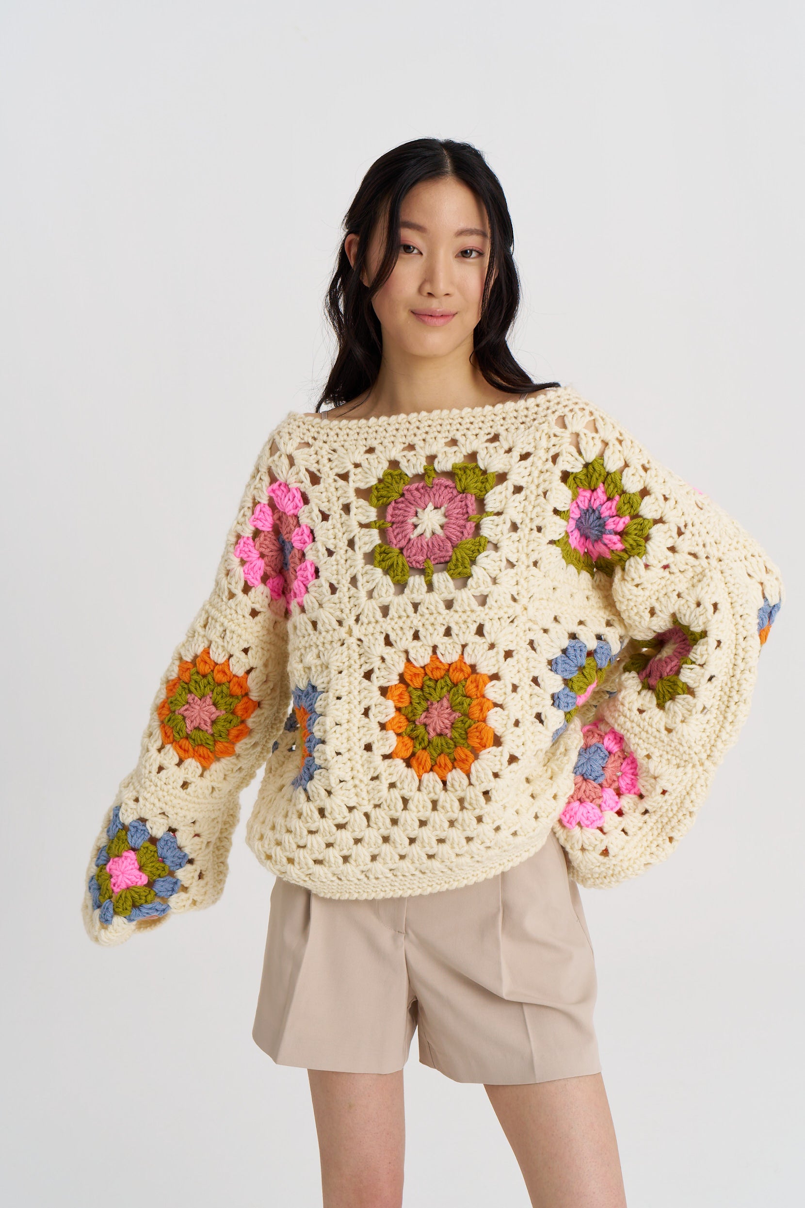 Beige Granny Square Pullover