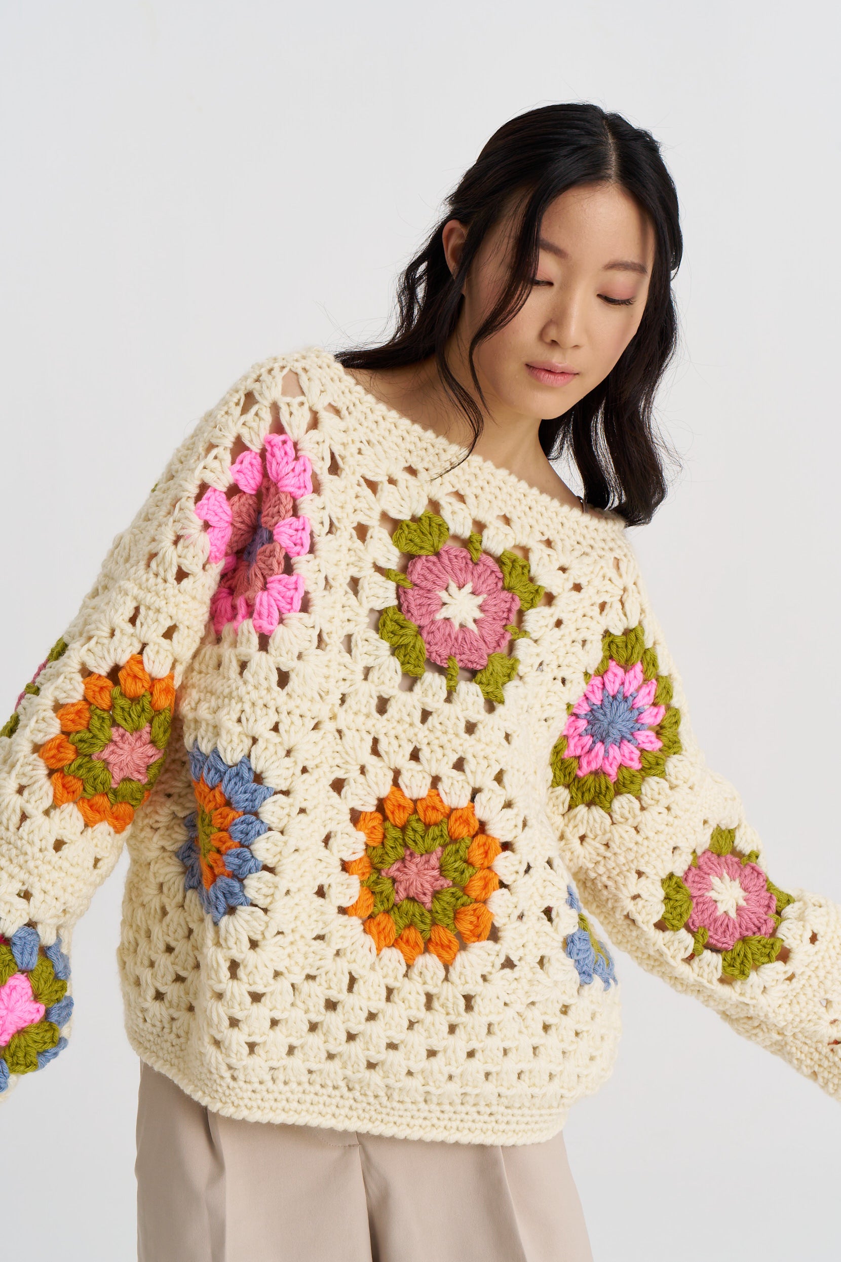Beige Granny Square Pullover