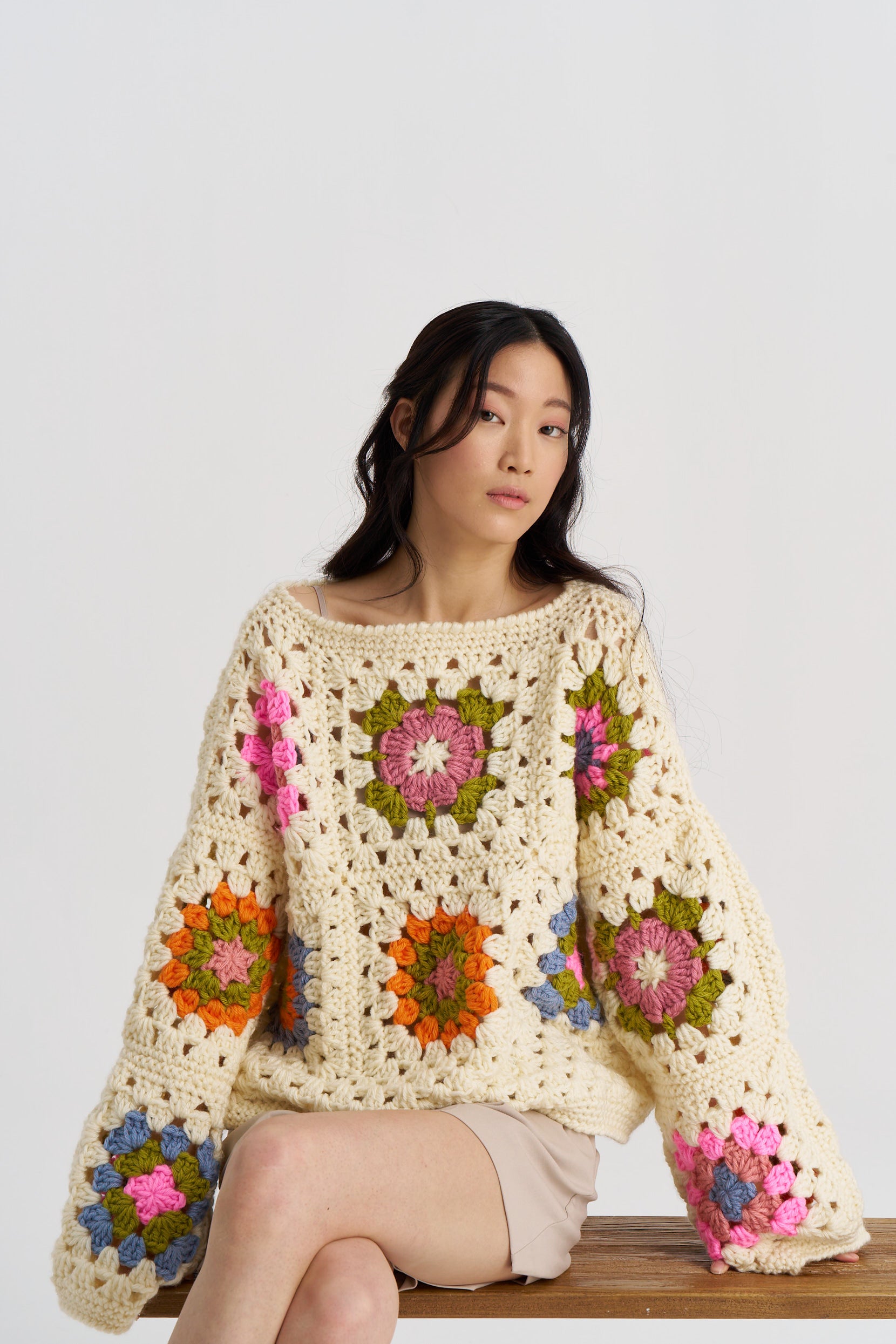 Beige Granny Square Pullover