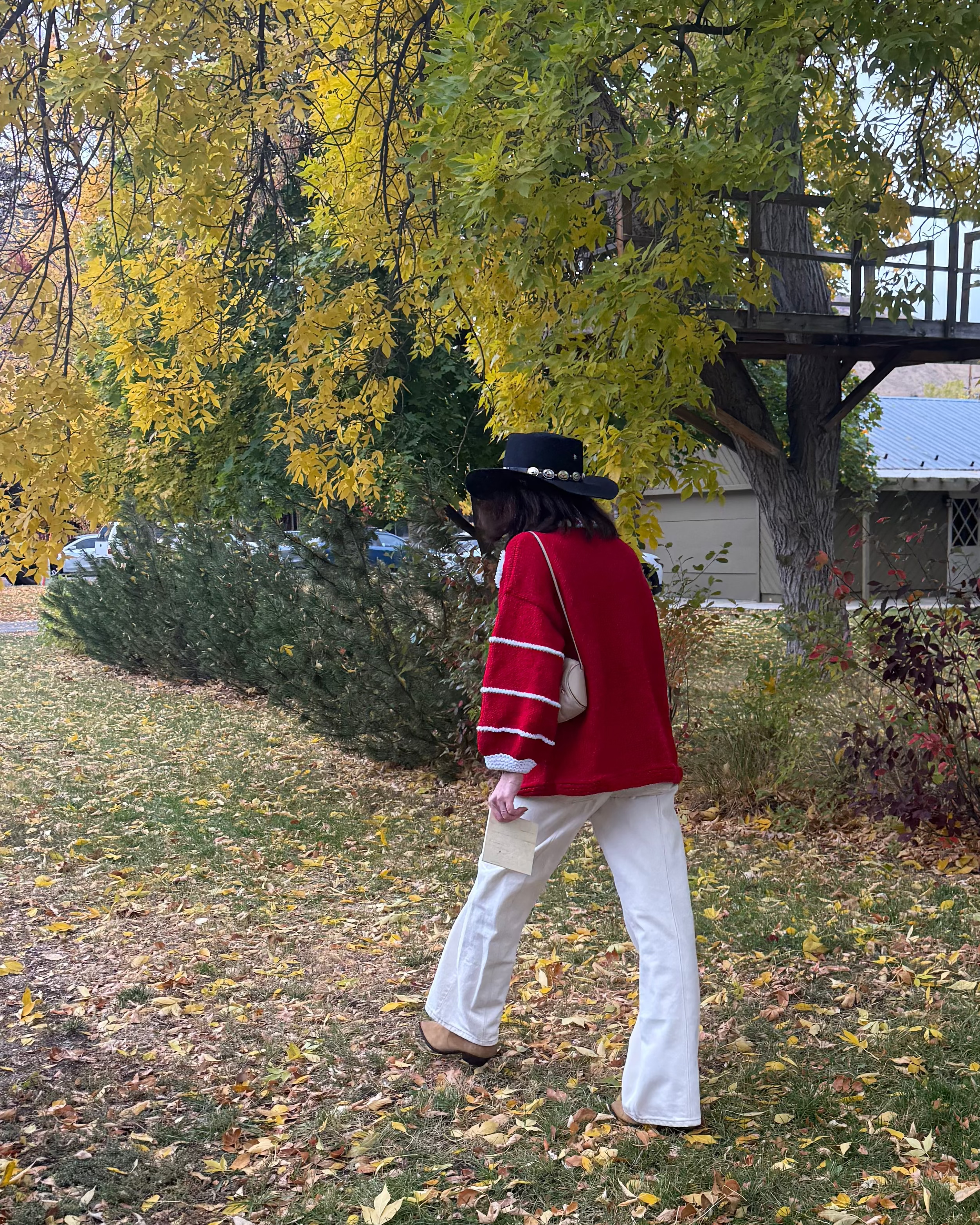 Person in a red sweater walking through a park with autumn leaves and trees.
